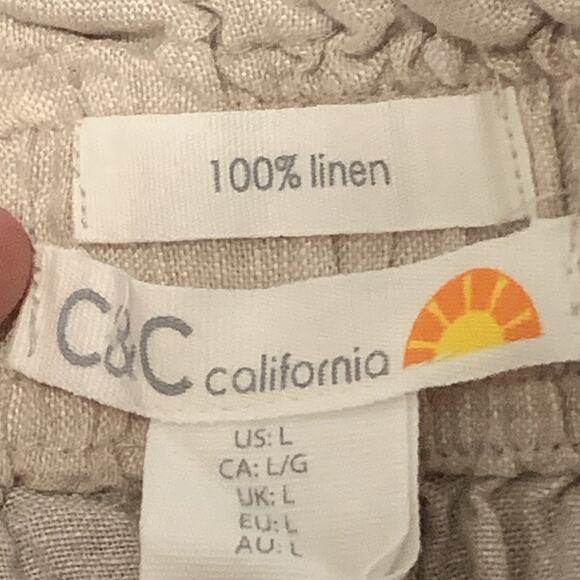 C&C CALIFORNIA Shorts L 100% Linen Beige Elastic Waist Pockets Classic - Picture 2 of 8